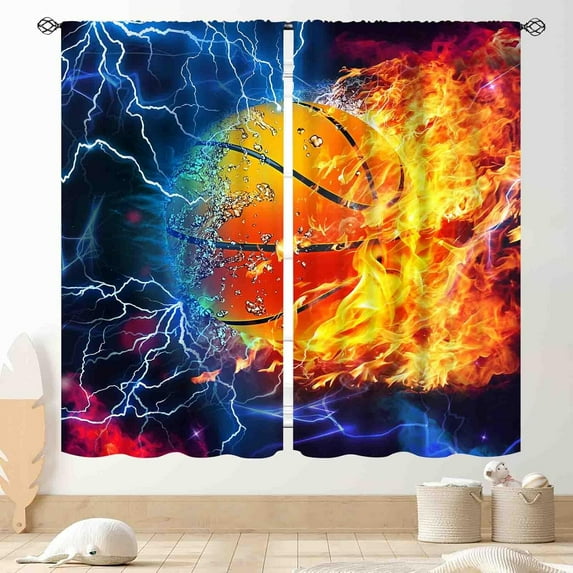 Basketball Curtains for Boys Bedroom, Sports Ball Game Fire Flash Cool Art Basketball Gaming Blackout Window Drapery for Kids Teens Baby Room Living Room Playroom Nursery 2 Panels, 84"x63" Inch