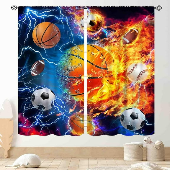 Basketball Curtains for Boys Bedroom, Sports Ball Soccer Baseball Football Game Fire Flash Gaming Blue Window Drapery for Kids Teens Room Living Room Playroom Nursery 2 Panels, 84"x84" Inch