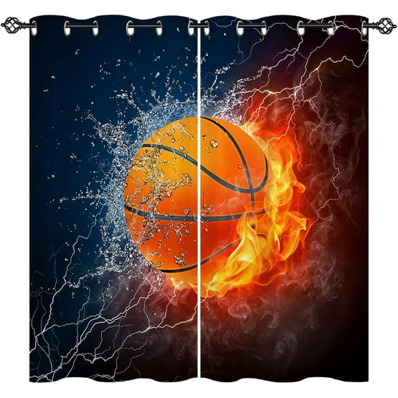 Basketball Curtains Grommet Light Filtering Window Drapes Sports Theme Flame Ball Print Pattern Privacy Curtain Panels for Kids Boys Girls Bedroom Living Room 2 Panels 42 x 63 Inch