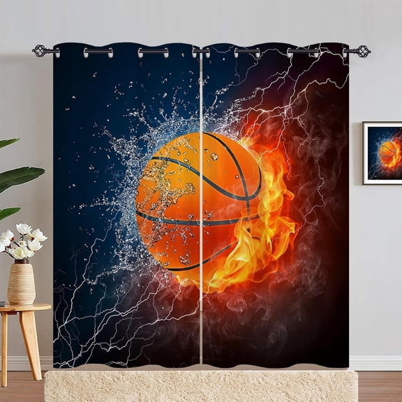 Basketball Curtains Grommet Light Filtering Window Drapes Sports Theme Flame Ball Print Pattern Privacy Curtain Panels for Kids Boys Girls Bedroom Living Room 2 Panels 42 x 84 Inch