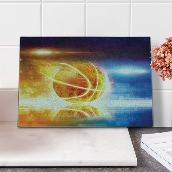 Basketball Cutting Board, Abstract Sports Background Burning Basketball with Digital Reflection Art Print, Decorative Tempered Glass Cutting and Serving Board, Small Size, Blue Yellow, by Ambesonne