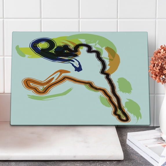 Basketball Cutting Board, Man Playing Basketball Illustration Champion Victory Passion Sketch, Decorative Tempered Glass Cutting and Serving Board, Large Size, Orange Black Lime Green, by Ambesonne