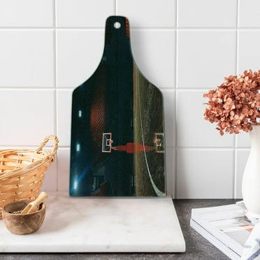 Basketball Cutting Board, Picture of Empty Court Sport Arena Wood Floor Print Active Life, Decorative Tempered Glass Cutting and Serving Board, Wine Bottle Shape, Brown Black and Red, by Ambesonne