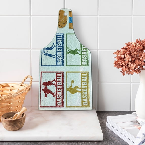 Basketball Cutting Board, Vintage Style Rubber Stamp Design Print Illustration Basketball Players, Decorative Tempered Glass Cutting and Serving Board, Wine Bottle Shape, Navy Green Red, by Ambesonne