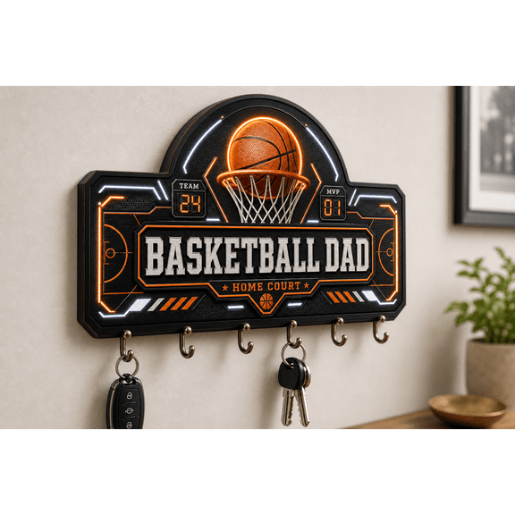 Basketball Dad Gift Wooden Key Hanger, Personalized Key Holder for Sports Fans