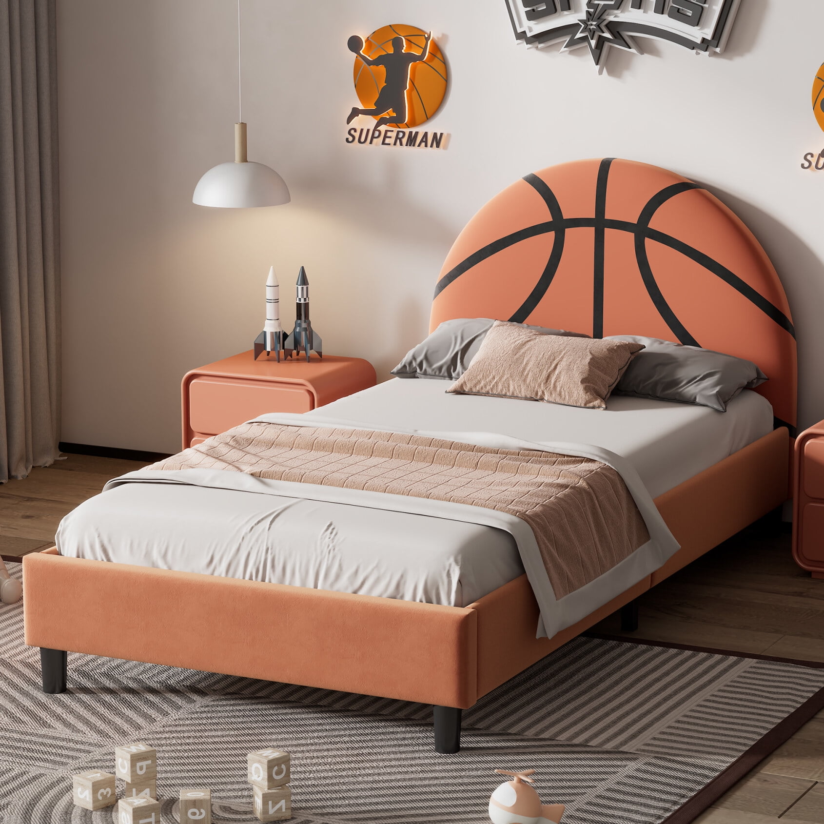Basketball Design Twin Size Bed Frame, Upholstered Platform Bed with Headboard, Sports Theme Twin Bed Frame for Boys & Girls, Orange