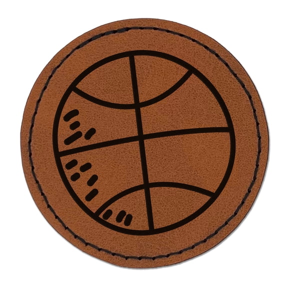 Basketball Doodle 2.5" Faux Leather Round Engraved Iron-On Patch - Brown