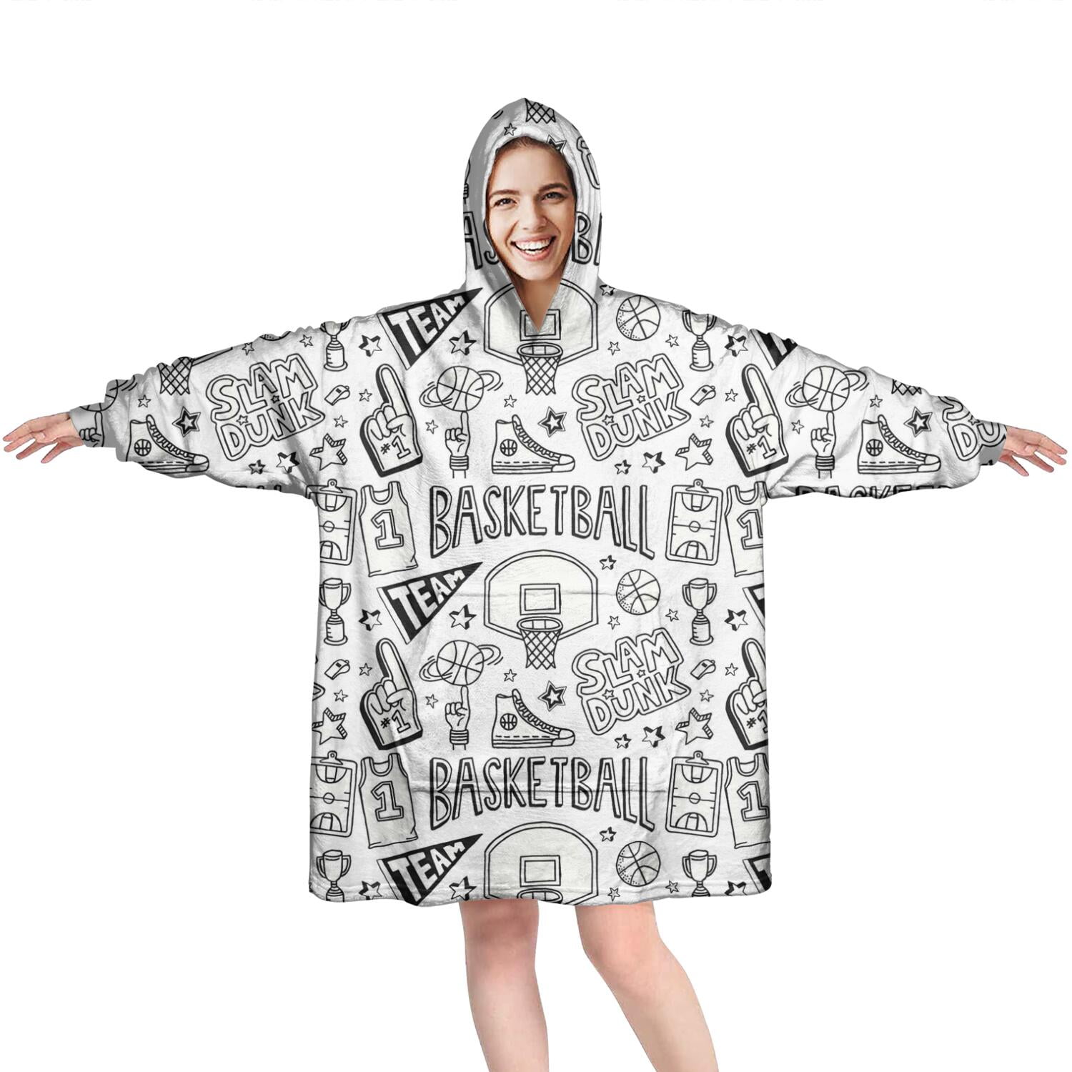 Basketball Doodle Pattern Wearable Oversized Blanket,Wearable Blanket Hoodie for Adults,Cozy Hooded Blankets with Super Pockets,Super Warm Fuzzy Pullover for Women & Men