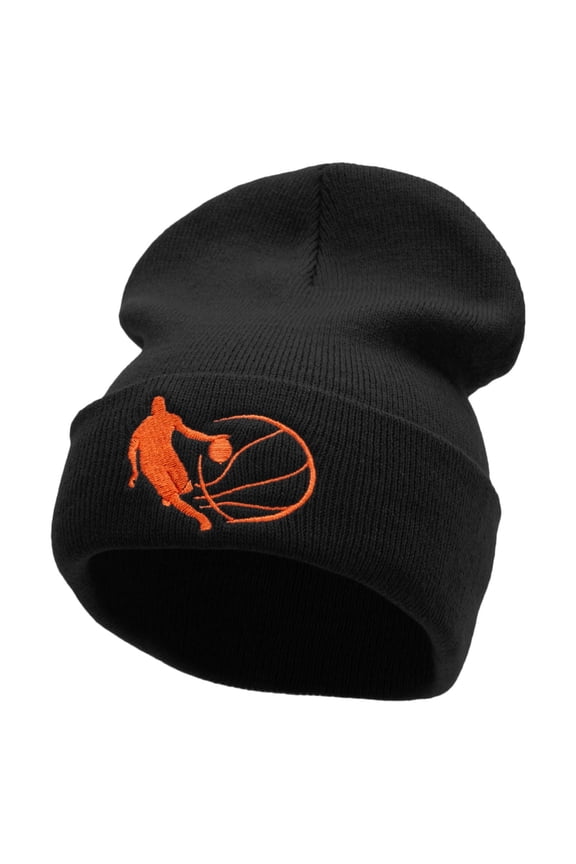 Basketball Dribble Embroidered 12 Inch Long Knitted Beanie - Black OSFM
