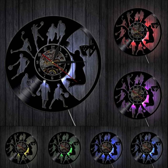 Basketball Dunk Sportsroom Home Decor Wall Clock Basketball Players Silhouette Dunking Vinyl Record Clock Mancave Wall Decor With LED