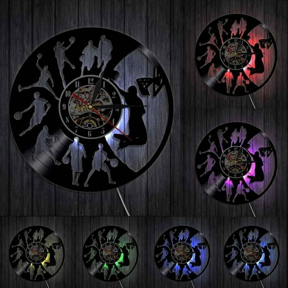 Basketball Dunk Sportsroom Home Decor Wall Clock Basketball Players Silhouette Dunking Vinyl Record Clock Mancave Wall Decor