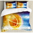 thumbnail image 1 of Basketball Duvet Cover Set, Abstract Sports Background Burning Basketball with Digital Reflection Art Print, Decorative 3 Piece Bedding Set with 2 Pillow Shams, Queen Size, Blue Yellow, by Ambesonne, 1 of 3