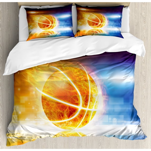 Basketball Duvet Cover Set, Abstract Sports Background Burning Basketball with Digital Reflection Art Print, Decorative 3 Piece Bedding Set with 2 Pillow Shams, Queen Size, Blue Yellow, by Ambesonne