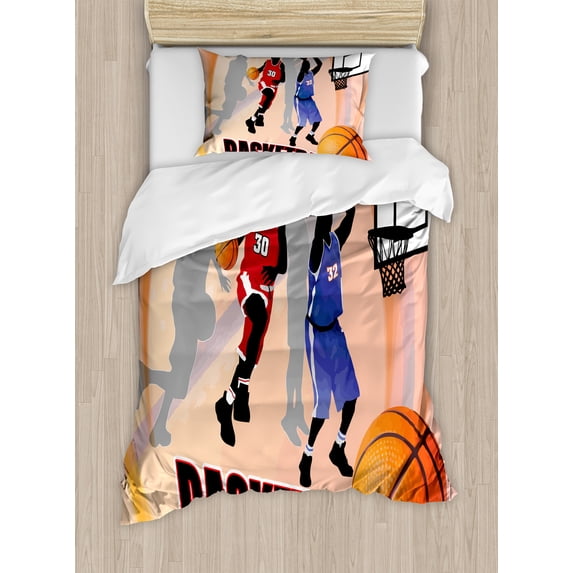 Basketball Duvet Cover Set, Basketball Action Players on Abstract Background Classical Poster Style Print, Decorative 2 Piece Bedding Set with 1 Pillow Shams, Twin Size, Orange Black, by Ambesonne
