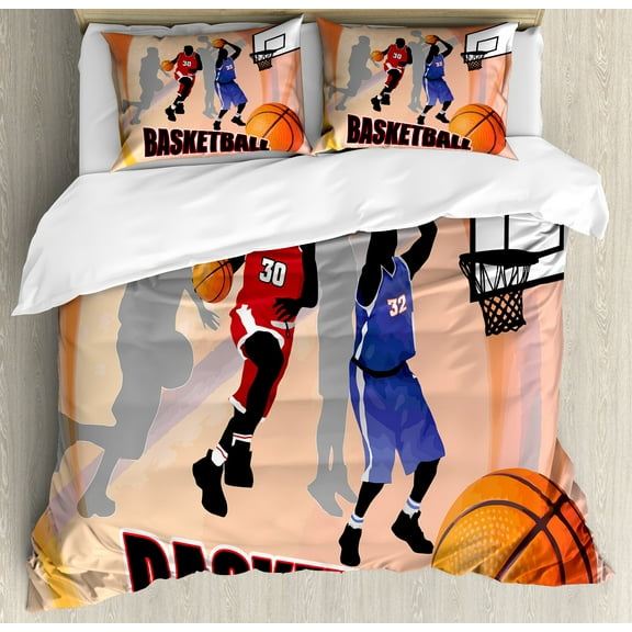 Basketball Duvet Cover Set, Basketball Action Players on Abstract Background Classical Poster Style Print, Decorative 3 Piece Bedding Set with 2 Pillow Shams, King Size, Orange Black, by Ambesonne
