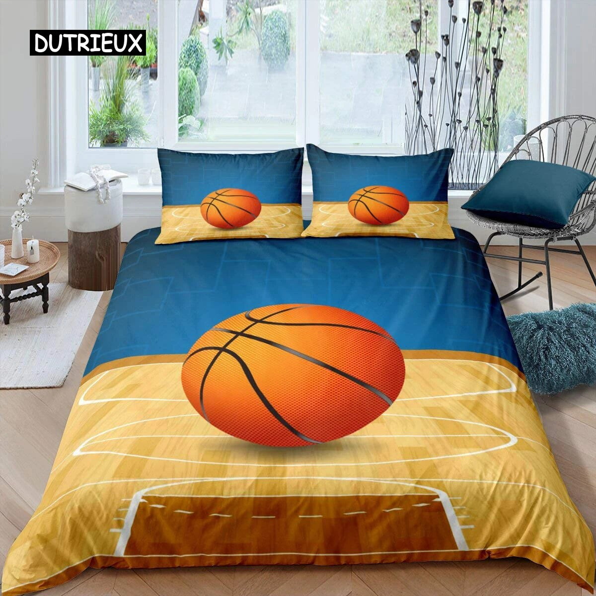 Basketball Duvet Cover Set Black 3D Ball Sports Theme Bedding Set