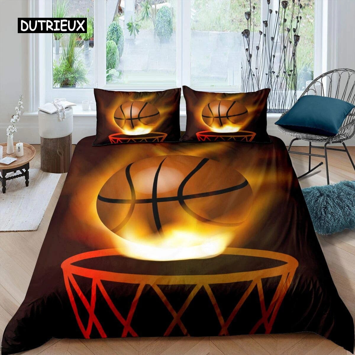 Basketball Duvet Cover Set Black 3D Ball Sports Theme Bedding Set