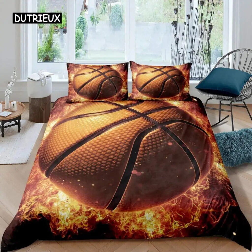 Basketball Duvet Cover Set Black 3D Ball Sports Theme Bedding Set
