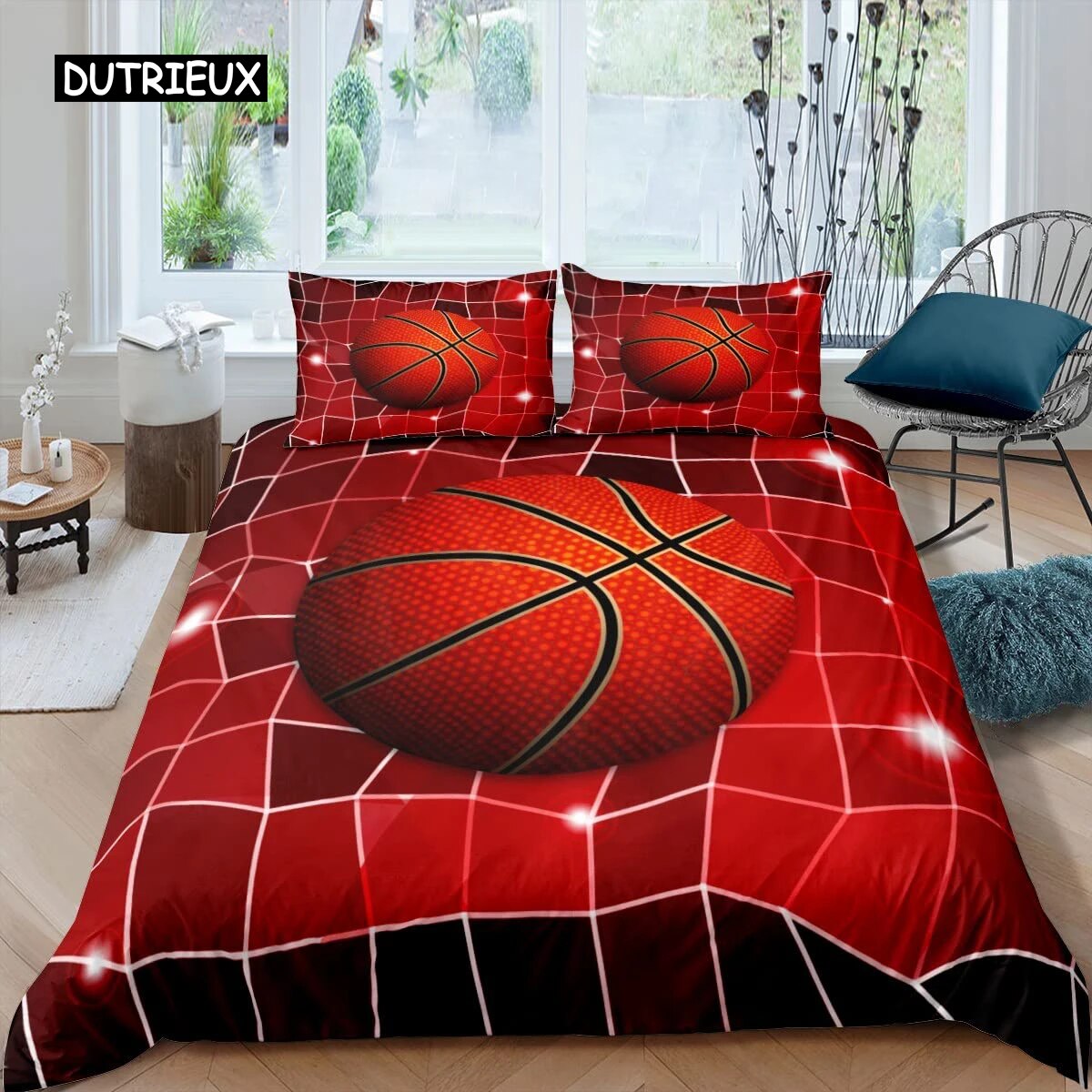Basketball Duvet Cover Set Black 3D Ball Sports Theme Bedding Set