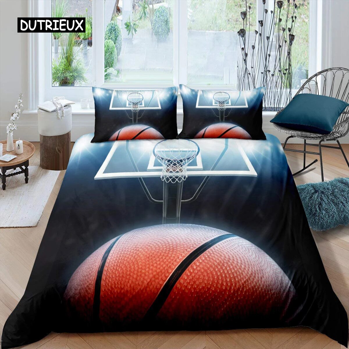 Basketball Duvet Cover Set Black 3D Ball Sports Theme Bedding Set