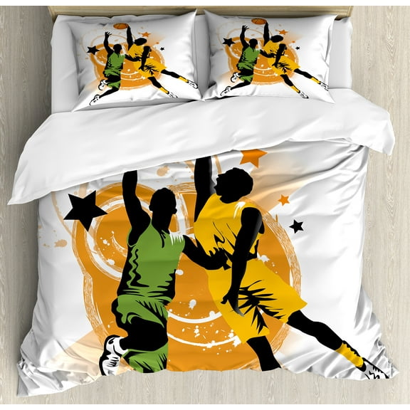 Basketball Duvet Cover Set, Image of 2 Basketball Players in a Heated Game Rings Stars in the Background, Decorative 3 Piece Bedding Set with 2 Pillow Shams, King Size, Orange Green, by Ambesonne