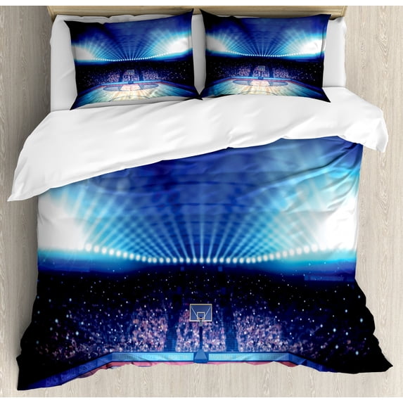 Basketball Duvet Cover Set King Size, Basketball Arena Court with Fans And Competition Theme Game Excitement Print, Decorative 3 Piece Bedding Set with 2 Pillow Shams, Navy Black, by Ambesonne