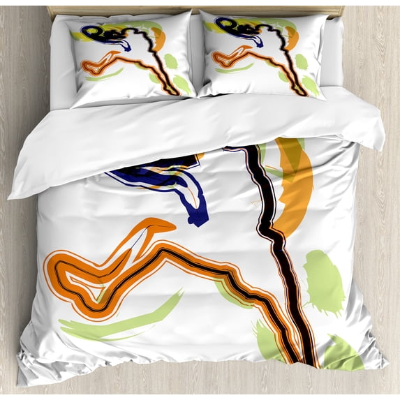 Basketball Duvet Cover Set, Man Playing Basketball Illustration Champion Victory Passion Sketch, Decorative 3 Piece Bedding Set with 2 Pillow Shams, King Size, Orange Black Lime Green, by Ambesonne