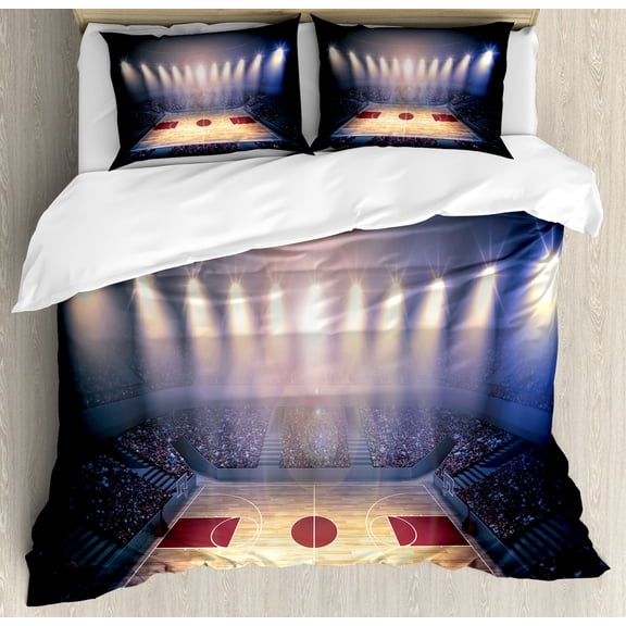 Basketball Duvet Cover Set Queen Size, Crowded Basketball Arena Just Before Game Starts School Tournament Theme, Decorative 3 Piece Bedding Set with 2 Pillow Shams, Beige Nacy Brown, by Ambesonne