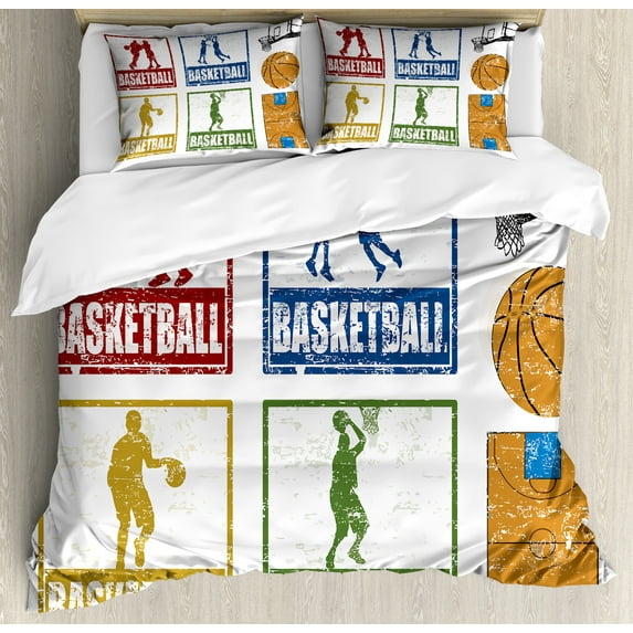 Basketball Duvet Cover Set, Vintage Style Rubber Stamp Design Print Illustration Basketball Players, Decorative 3 Piece Bedding Set with 2 Pillow Shams, Calking Size, Navy Green Red, by Ambesonne