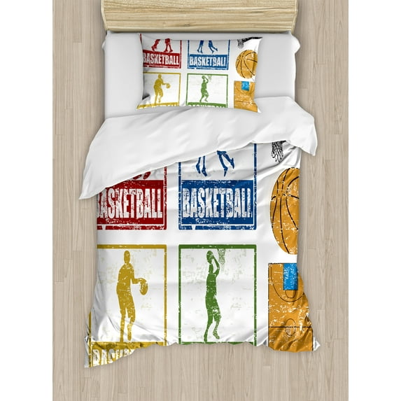 Basketball Duvet Cover Set, Vintage Style Rubber Stamp Design Print Illustration Basketball Players, Decorative 2 Piece Bedding Set with 1 Pillow Shams, Twin Size, Navy Green Red, by Ambesonne
