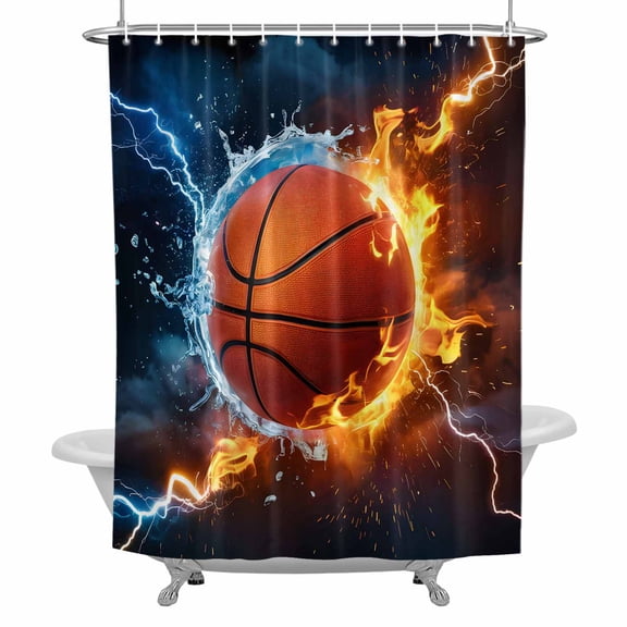 Basketball Fabric Shower Curtain, Water and Fire Lightning Impact Bathroom Curtain with 12 Hooks Waterproof Machine Cloth Shower Curtain for Bathroom, Bathtub, Spa Room, 36x72 Inch