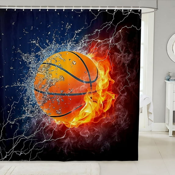Basketball Fabric Shower Curtains 3D Red Flames and Blue Water Shower Curtain for Kids Boys Girls Sports Theme Bathroom Waterproof Accessories with 12 Hooks Baseball Games Decor,72x72 Inches