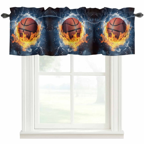 Basketball Farmhouse Short Window Curtain Valances, Blue Red Water Fire Splashing Rod Pocket Kitchen Valances for Living Room Bedroom Bathroom Cafe 54" x 18"