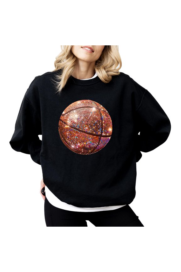 Basketball Faux Glitter Sweatshirt for Women Trendy Girly Baseketball Player Pullover Black Sweatshirt Adult Large
