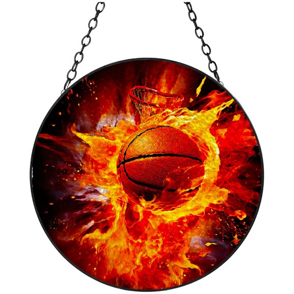 Basketball in Fire Stained Glass Suncatcher Handmade Window Hanging Colored Glass Suncatcher Crafts Kits for Indoor Garden Decor Memorial Gift 16x16cm