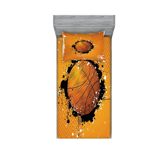 Basketball Fitted Sheet & Pillow Sham Set, Basketball and Paint Splashes on Abstract Grungy Background Sport Theme Print, Decorative Printed 4 Piece Bedding Decor Set, Twin, Orange Black, by Ambesonne