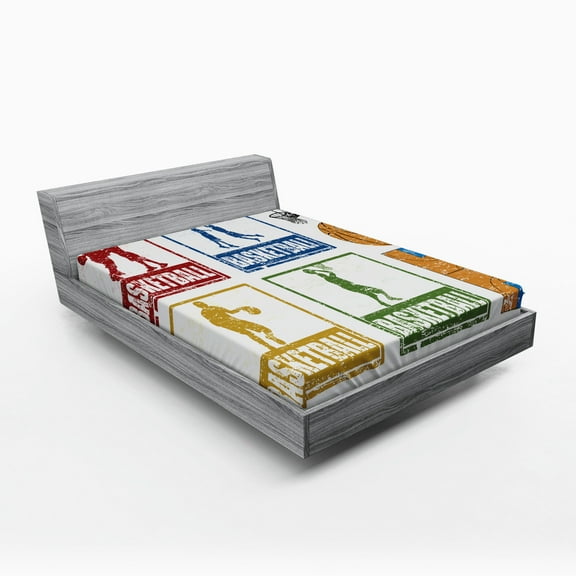 Basketball Fitted Sheet, Vintage Style Rubber Stamp Design Print Illustration Basketball Players, Soft Decorative Fabric Bedding, Full Size, Navy Green Red, by Ambesonne