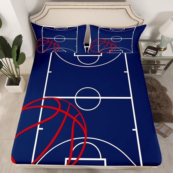 Basketball FittedSheet Queen Size Sports Themed Bedding Sets Teens,Basketball Court Bed Set Dark Blue Ball Gaming Bottom Sheets Room Decor 3Pcs (No Flat Sheet)(No Top Sheet)
