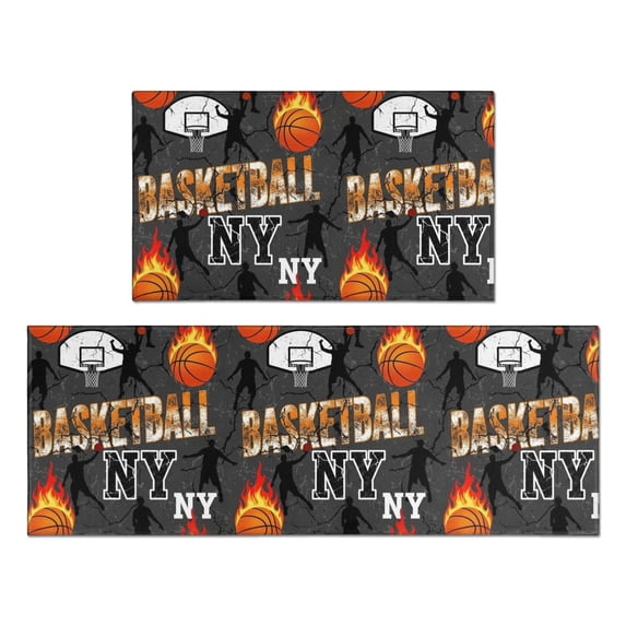 Basketball and Flame Gray Pattern Anti Fatigue Kitchen Rugs Set Of 2, Non Slip Washable Decorative Floor Mats for Kitchen Sink Laundry, 17"x30" and 17"x47"