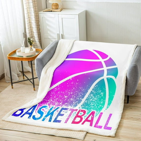 Basketball Fleece Blanket Kids Sports Theme Sherpa Throw Blanket 3D Basketball Games Fuzzy Plush Blanket for Boys Girls Purple Blue Room Decor Lightweight Flannel Blanket Throw 50"x60"