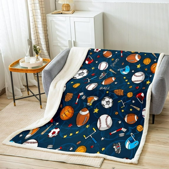 Basketball Fleece Throw Blanket Football Baseball Rugby Sherpa Blanket for Kids Boys Girls Badminton Sports Theme Decor Plush Blanket Various Ball Fuzzy Blanket for Sofa Bed Couch,Baby 30x40 Inches