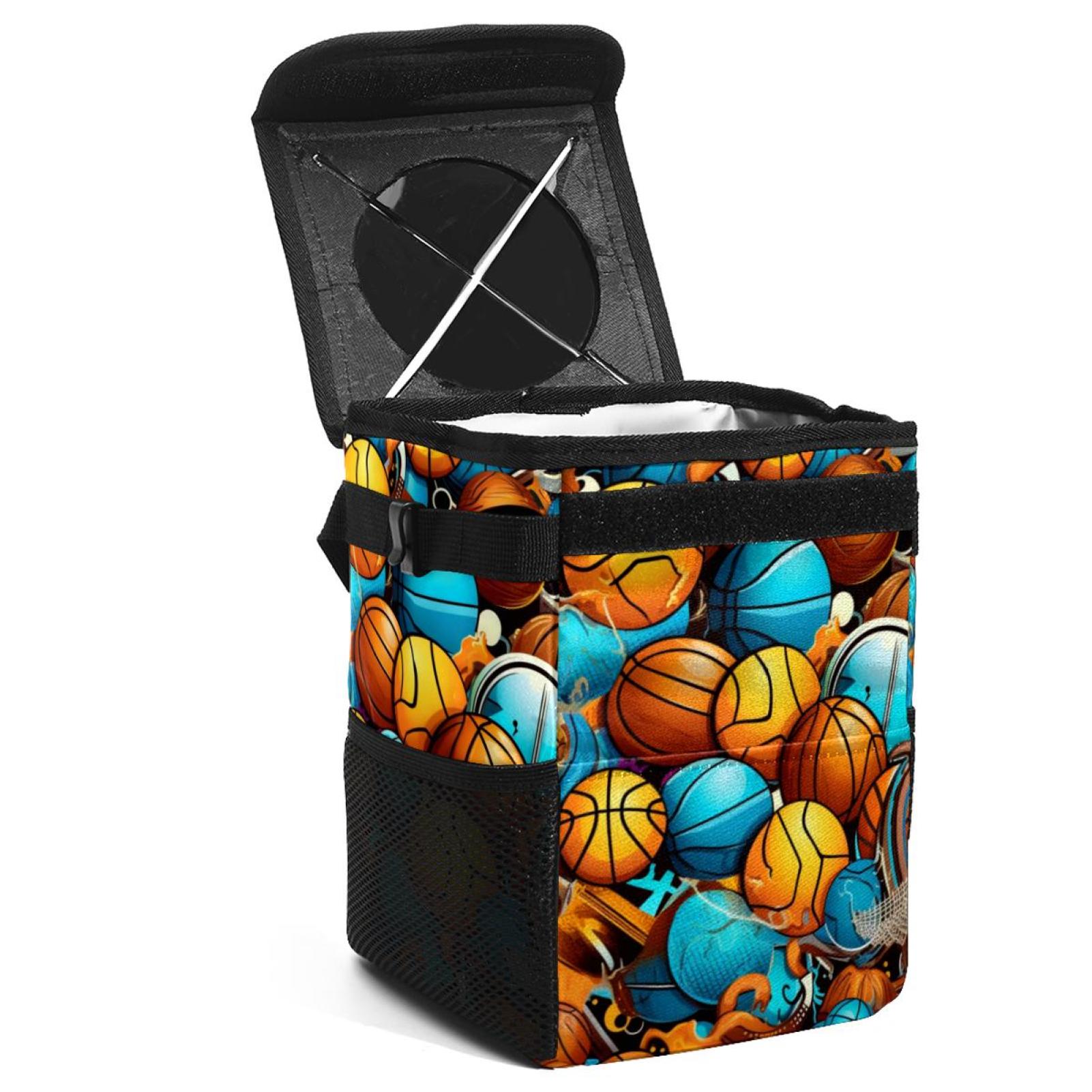 Basketball Foldable Car Trash Bin with Lid, LeakProof, Hanging Storage