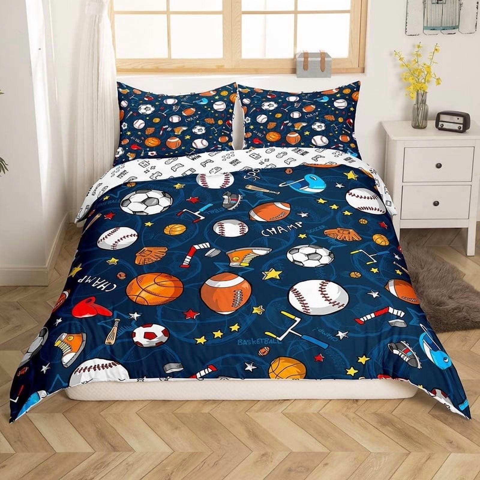 Basketball & Football Bedding Set for Boys Teens - 3 Piece Twin Comforter Cover with 2 Pillowcases, Sporty Duvet Cover for Kids, Boys Room Decor