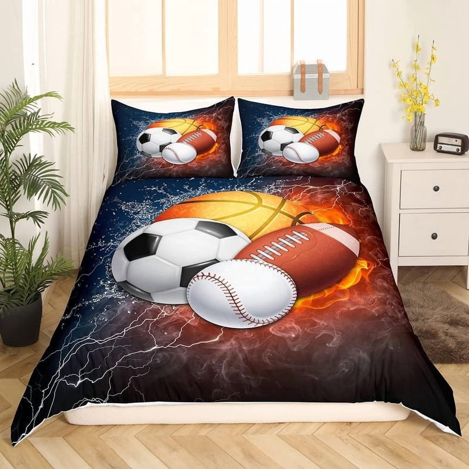 Basketball & Football Bedding Set for Boys Teens - 3 Piece Twin Comforter Cover with 2 Pillowcases, Sporty Duvet Cover for Kids, Boys Room Decor