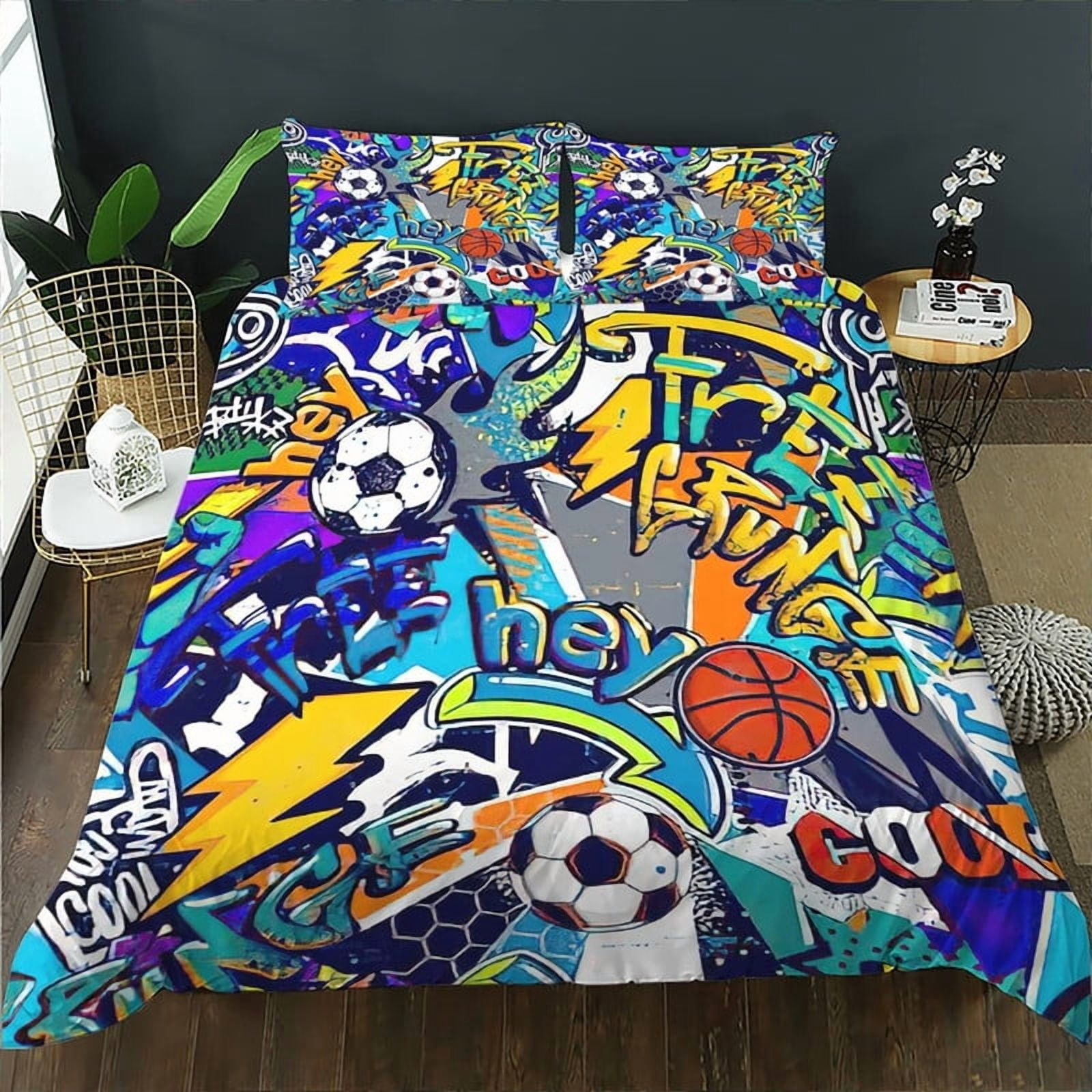 Basketball & Football Bedding Set for Boys Teens - 3 Piece Twin Comforter Cover with 2 Pillowcases, Sporty Duvet Cover for Kids, Boys Room Decor