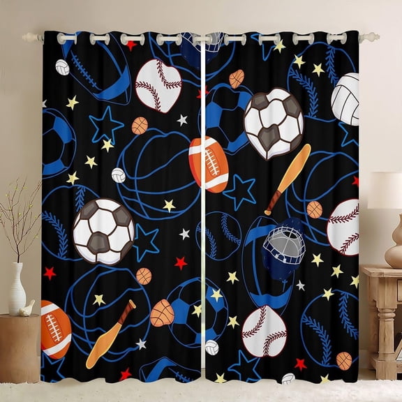 Basketball Football Curtains For Bedroom Ball Sports Game Darkening Window Drapes Boys Men Soccer Baseball Blackout Curtain Gift For Ball Lover 52"W x 96"L (Pack of 2)