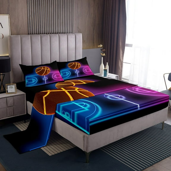 Basketball Full Bed Sheets Sports Sheets Teen Basketball Lover Sheet Set Sports Game Themed Fitted Sheet Ball Game Decor Flat Sheet