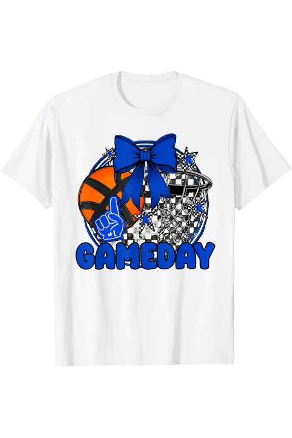 Basketball Game Day Go Cheer Team Blue Coquette Cheerleader T-Shirt Size S-5XL