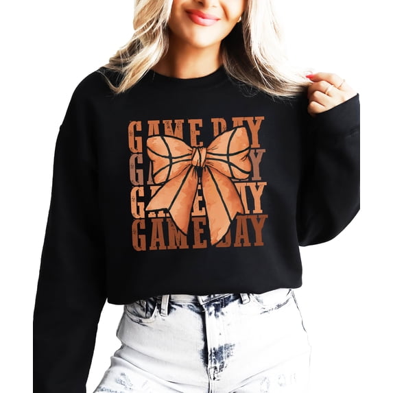 Basketball Game Day Sweatshirt for Women & Teens Trendy Sports Coquette Bow Sweater Black Sweatshirt Adult X-Large