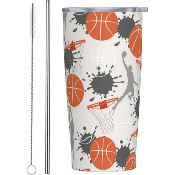 Basketball Game Tumbler, Sports 20oz Stainless Steel Insulated Travel Tumbler,Travel Coffee Mug with Lid and Straw Cups Gifts for Women Men